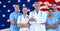 Composition of smiling diverse team of medical workers over billowing american flag