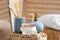 Composition with soap and toiletries on wicker basket