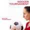 Composition of soccer tournament text over caucasian female footballer with ball