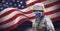 Composition of soldier wearing face mask and helmet, against waving american flag