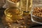 Composition with soybean oil on wooden table, closeup