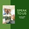 Composition of speak to us we\\\'re here to listen text and smiling senior african american man