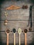 Composition of spices on wooden background: allspice, cloves, fennel, star anise, vanilla, cinnamon, green cardamom, nutmeg, black