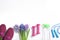 Composition with spring flowers and sports items on background, flat lay. Space for text