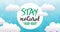 Composition of stay natural text and leaf logo over blue sky and clouds