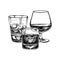 Composition of strong alcohol glasses, hand drawn vector illustration.