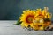 Composition with sunflower seeds and oil on gray wooden background