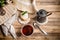 Composition with tea on a wooden background