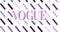 Composition of text vogue logo over black, purple and grey lines repeated on white background