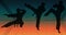 Composition of three male silhouettes exercising karate on colorful background