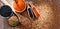 Composition with three sorts of lentils on wooden table