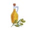 Composition of transparent glass pitcher full of fresh extra virgin olive oil and tree branch with fruits. Corked jug