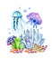 Composition with two blue jellyfishes in coral reef. Hand drawn watercolor illustration