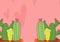 Composition of two pots with cactus with pink hearts on pink background