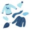 Composition ugly sweater on white background. Blue kit season clothing from sweater, mitten, cap, scarf and foliage sketch hand