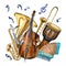 Composition of variouse musical instruments and symbol watercolor illustration isolated.