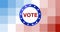 Composition of vote text on american flag badge on pixelated background