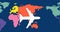 Composition of white airplane over multi coloured world map on dark blue background