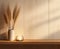 Composition of white ceramic vase with bouquet of dry spikelets, golden photo frame with dried flower, candles on wooden