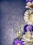 Composition of white dahlias and blue asters on dark background