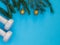 Composition with white dumbbells and Christmas tree on blue background.