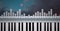 Composition of white graphic music equalizer over piano keyboard and clouds