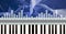 Composition of white graphic music equalizer over piano keyboard and purple lines