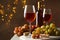 Composition wine and grape on brown background with blurred lights