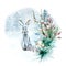 Composition of winter plants and hare watercolor illustration isolated on white.