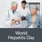 Composition of world hepatitis day text over caucasian male doctor examining female patient