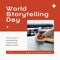 Composition of world storytelling day text with hand of woman writing