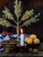 Composition of xmas symbol kutya wheat porridge with poppy and nuts , pampushki pies , uzvar compote of dried fruits , burning can
