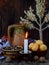 Composition of xmas symbol kutya wheat porridge with poppy and nuts , pampushki pies , uzvar compote of dried fruits , burning can