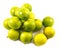 Composition of a yellow and green lemons and lime on a white background - top view