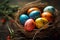 Compositions of Easter color eggs with ornament in nest on wooden background. Selective focus