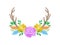 Compositions of purple roses, orange flowers,deer horns, feathers and leaves. Vector illustration on white background.