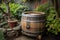 compost bin made from repurposed wine barrel