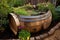 compost bin made from repurposed wine barrel