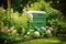 Composting bin compost bin placed in garden, surrounding flowers and plants outdoors. Composting bin to recycle home and