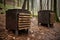 composting bins made of metal or wood, with drainage holes and air vents to promote the natural decomposition process