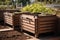 composting bins made of metal or wood, with drainage holes and air vents to promote the natural decomposition process