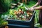 Composting food waste in backyard compost bin. Generative AI