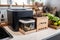 composting system built into kitchen countertop, with bins and ingredients for making compost or tea