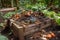 composting system in garden, with worms and other earthworms visible