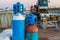 Compressed liquid air tanks, basic diving equipment, industrial background