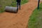 Compressing the gravel of the new park threshing path. lawn seed is repaired by rolling a metal hand roller, which is filled with