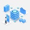 Computation of big data center, information processing, database. internet traffic routing, server room rack isometric vector