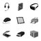 Computer accessories. Headphones, computer parts, accessories.Personal computer icon in set collection on monochrome