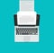 Computer aka typewriter vector illustration, flat cartoon laptop pc and long written text document, concept of