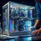 A computer case that is technologically stunning, has beautiful glass panels with AI generated